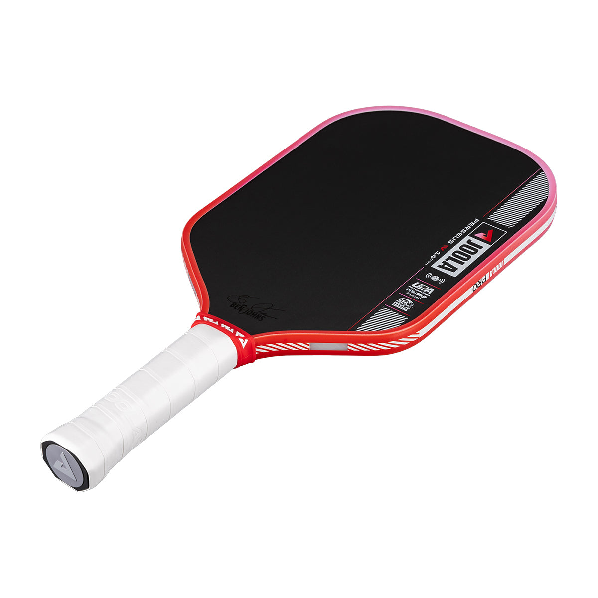 Pickleball paddle with red frame and black surface on a white background