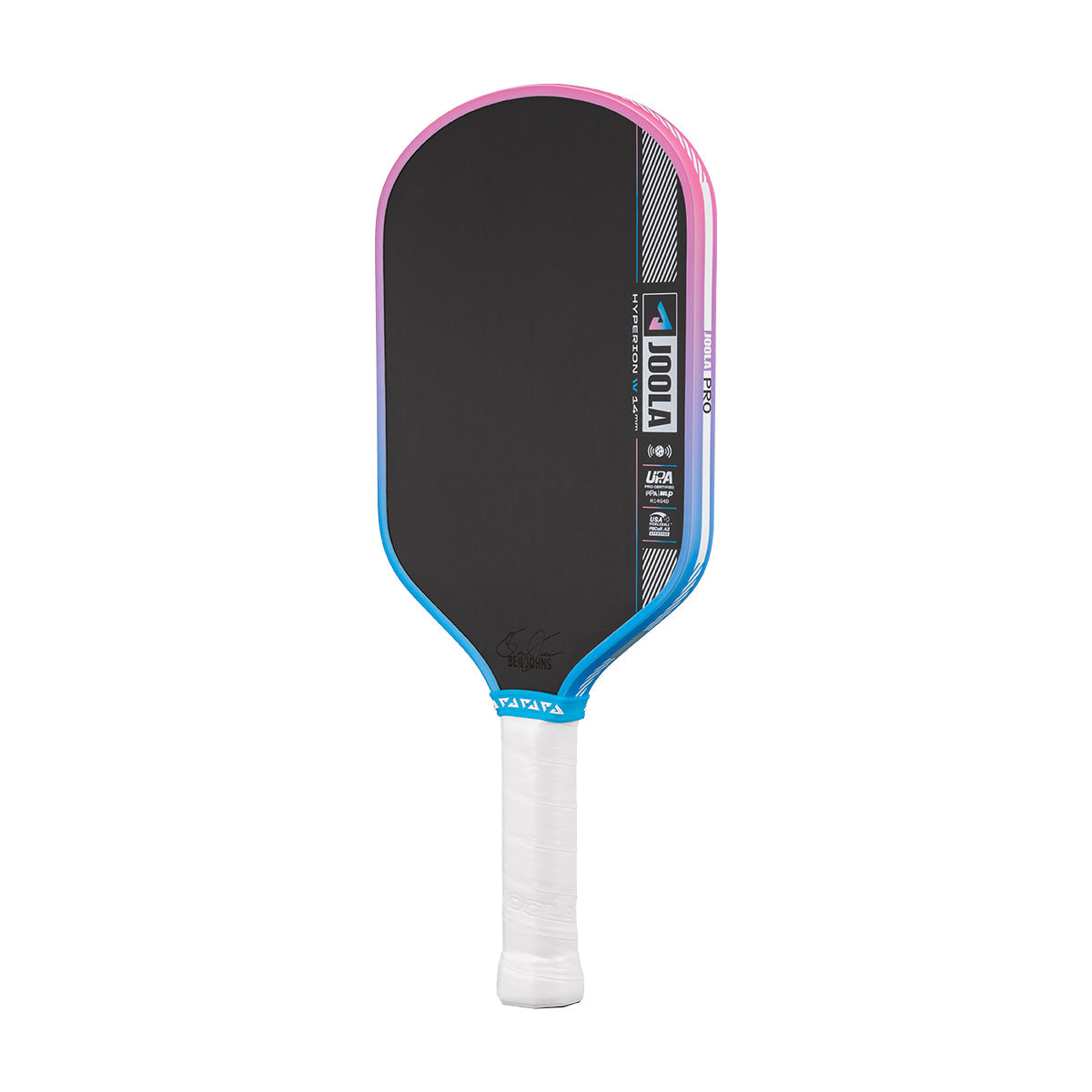 Pickleball paddle with black face, pink and blue edges, and white handle on a white background.