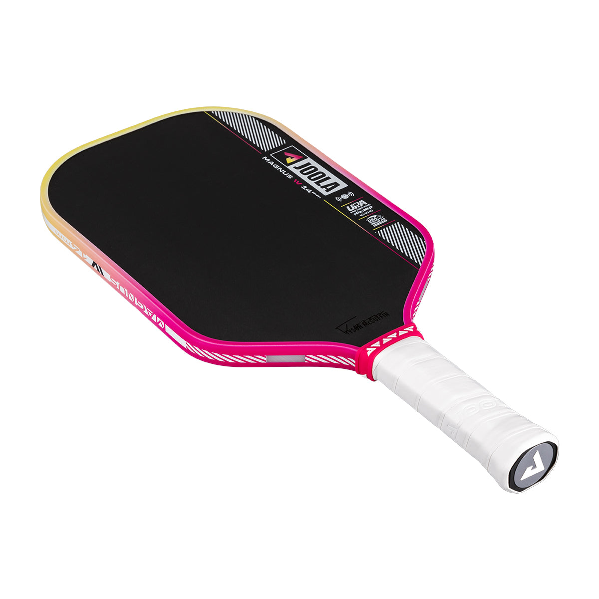 White background, angled JOOLA Magnus Pro IV pickleball paddle with pink and yellow edge guard.