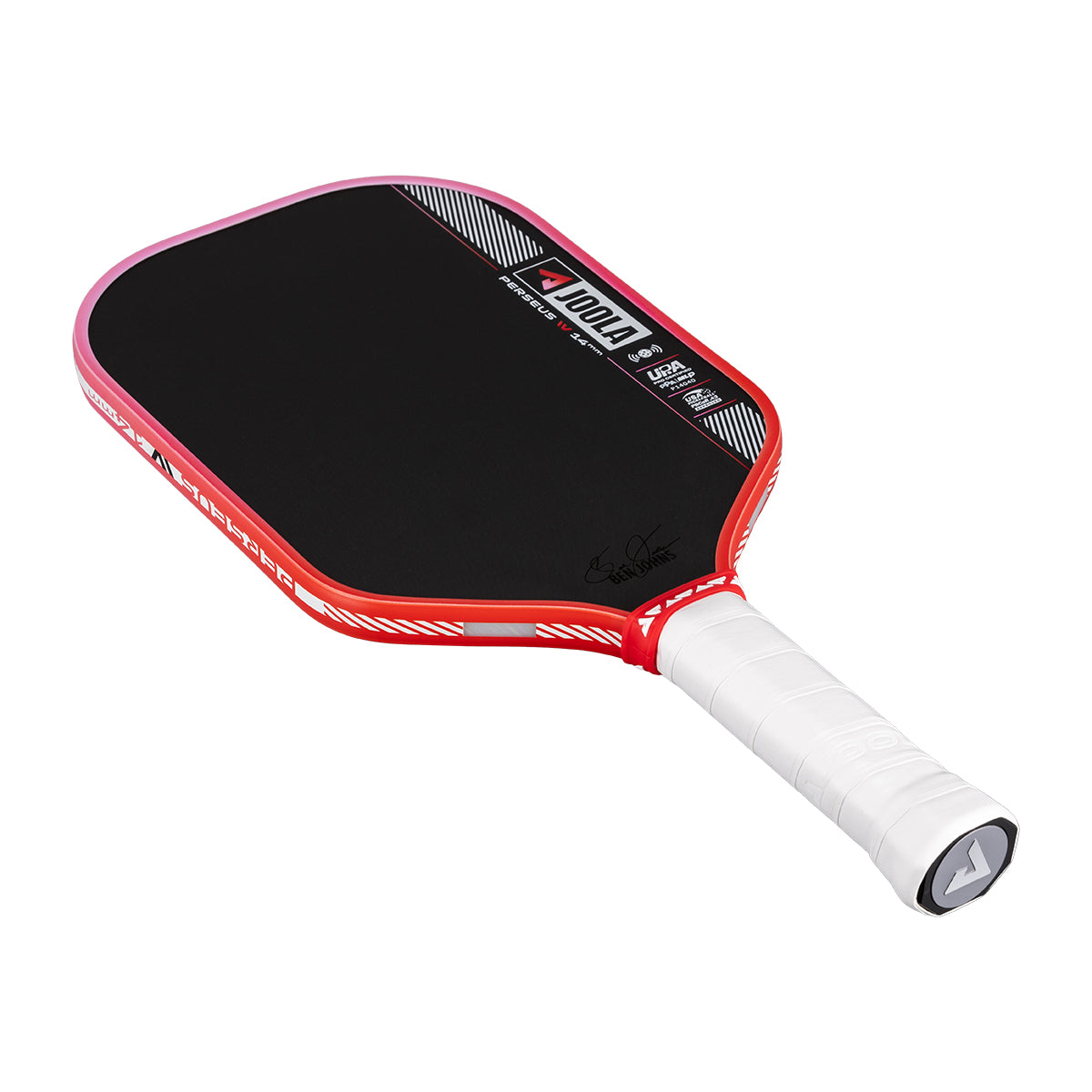 Red and black pickleball paddle with white handle on a white background