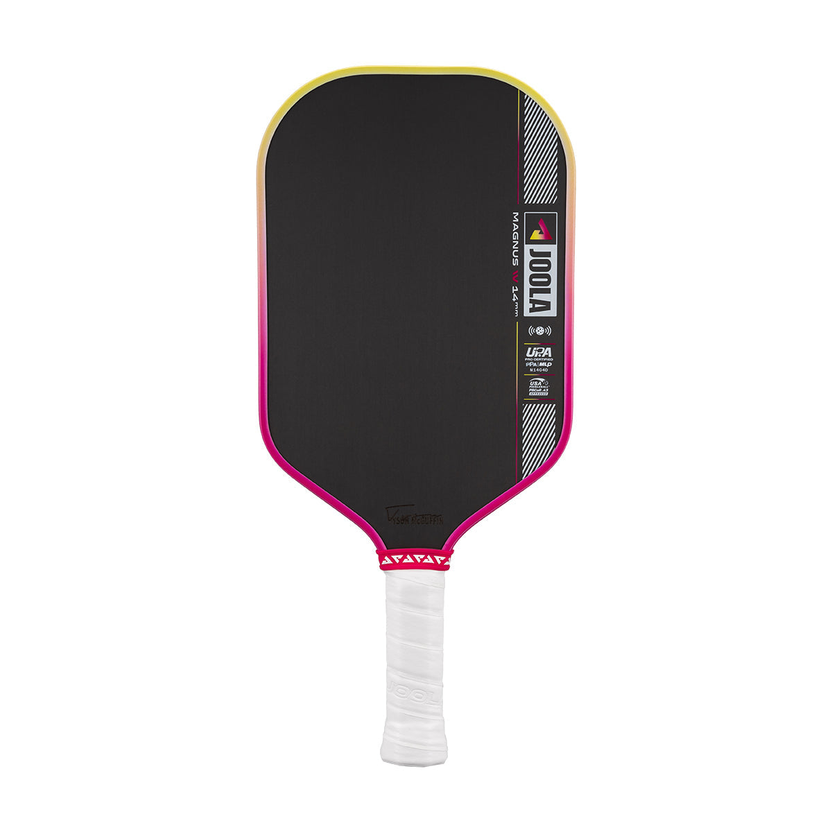 White background, JOOLA Magnus Pro IV pickleball paddle with pink and yellow edge guard.