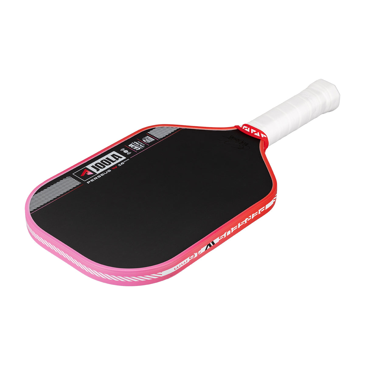 Pink and black pickleball paddle with white handle on a white background