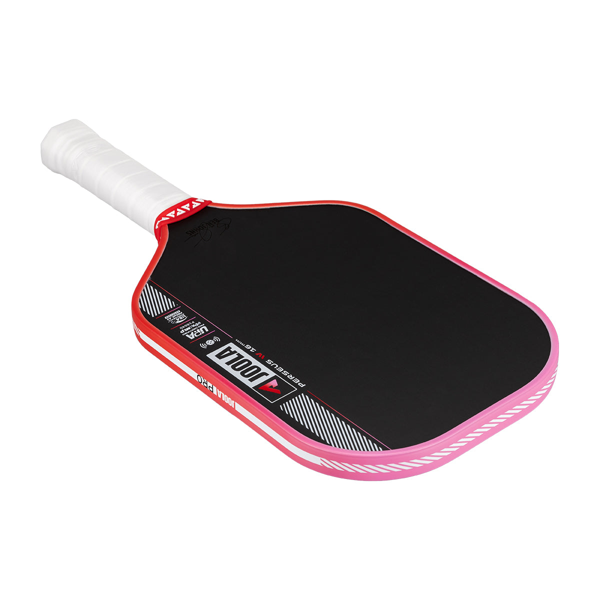 Pickleball paddle with black surface and pink border on a white background