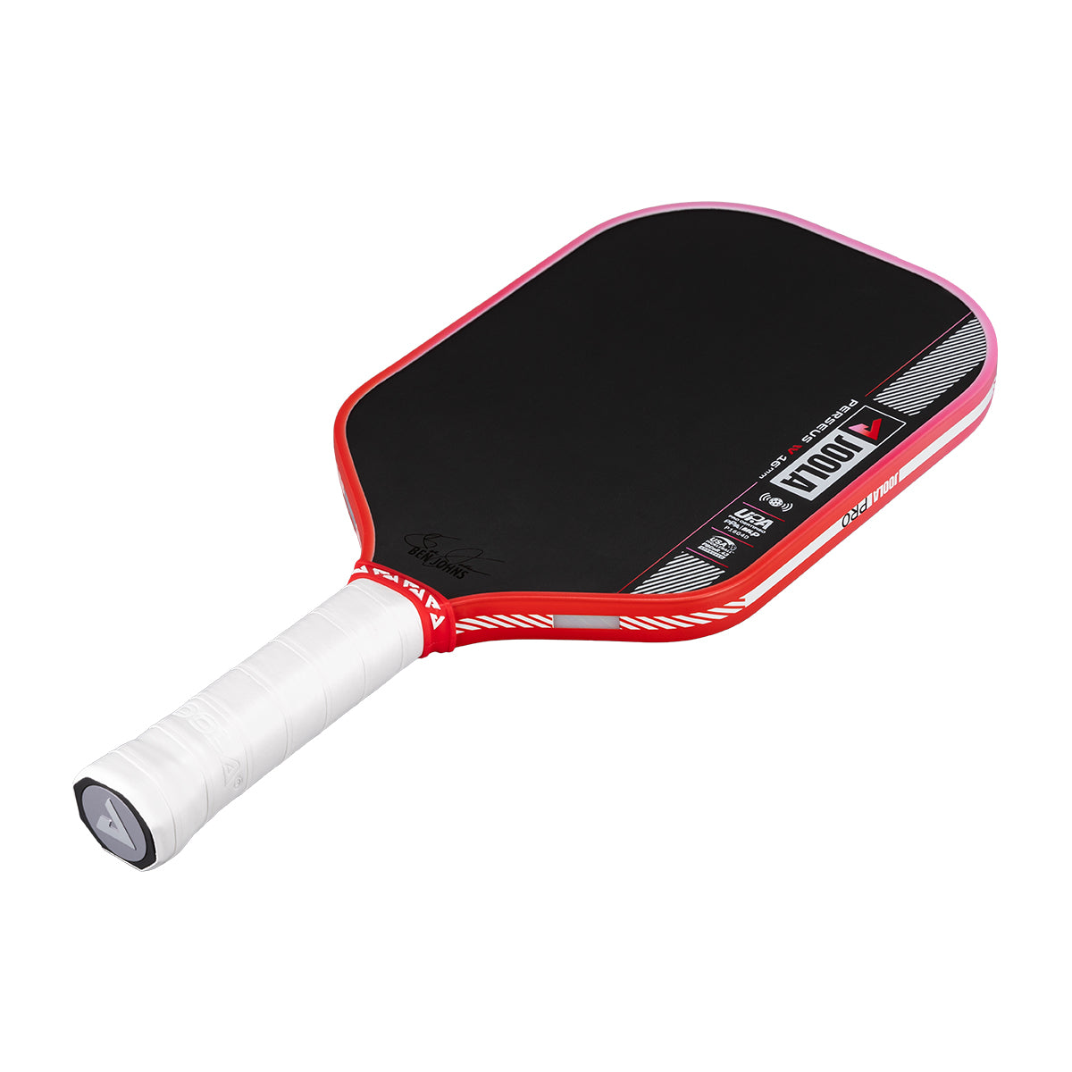 Pickleball paddle with red and black design on a white background