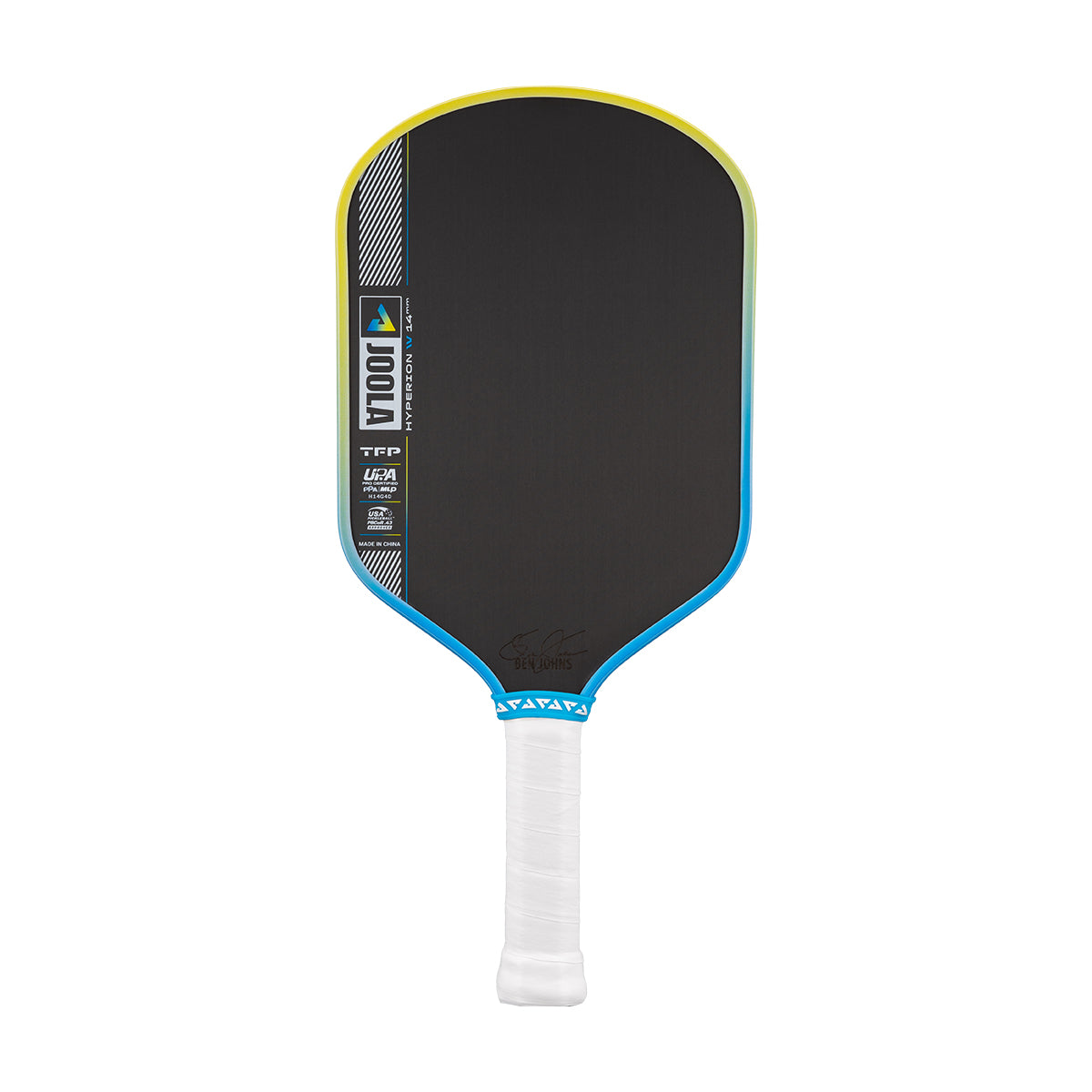 Pickleball paddle with black face, blue rim, and white handle on a white background.