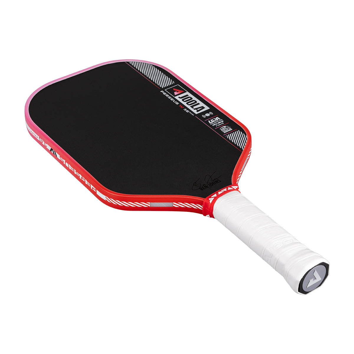 Pickleball paddle with red frame and white handle on a white background