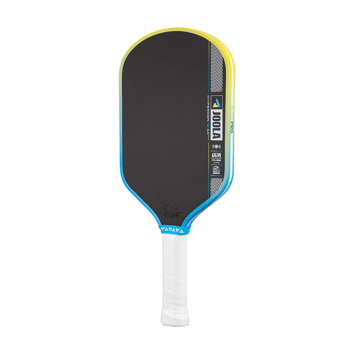 Pickleball paddle with black face, yellow rim, blue border, and white handle on a white background.