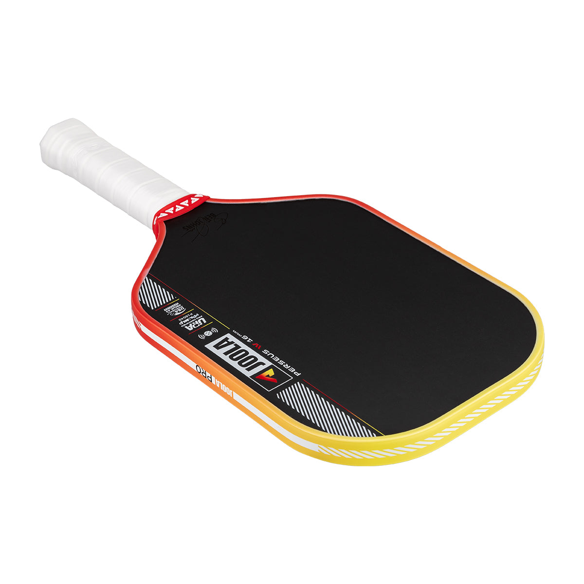 Pickleball paddle with black surface, red border, and yellow rim on a white background