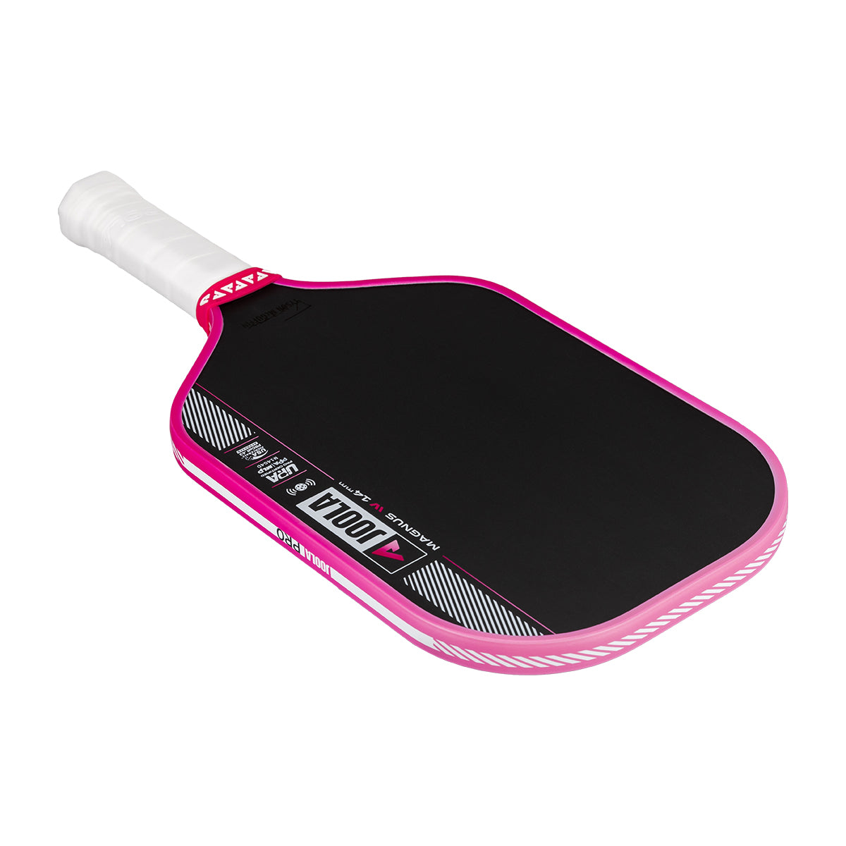 Pink and black pickleball paddle on a white background
