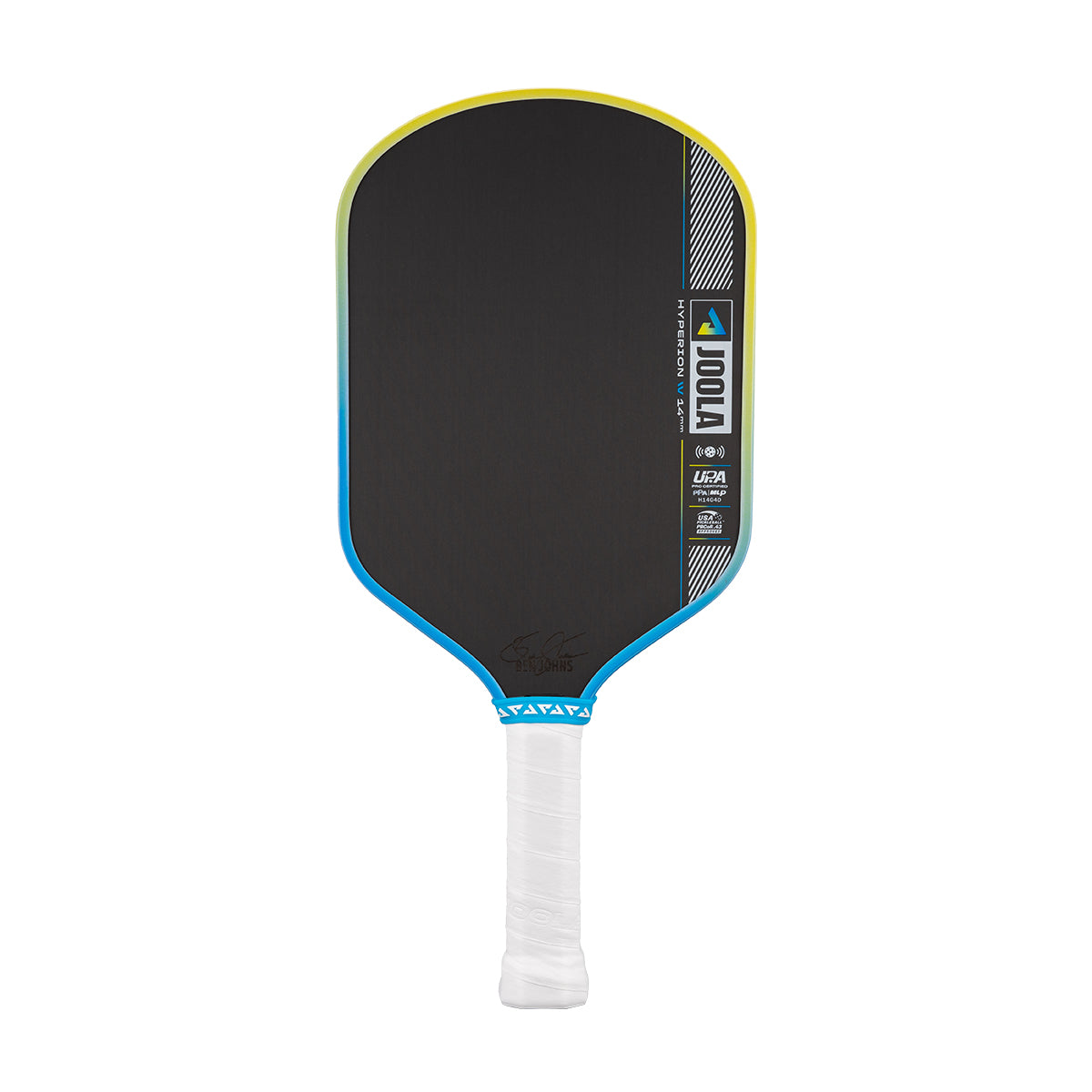 Pickleball paddle with black face, blue rim, and white handle on a white background.