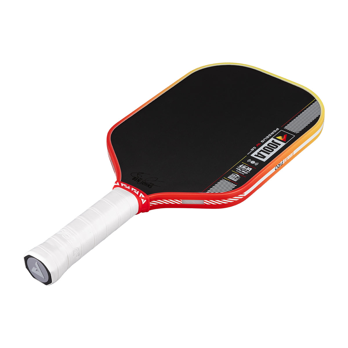 Pickleball paddle with black playing surface, red frame, and white handle on a white background