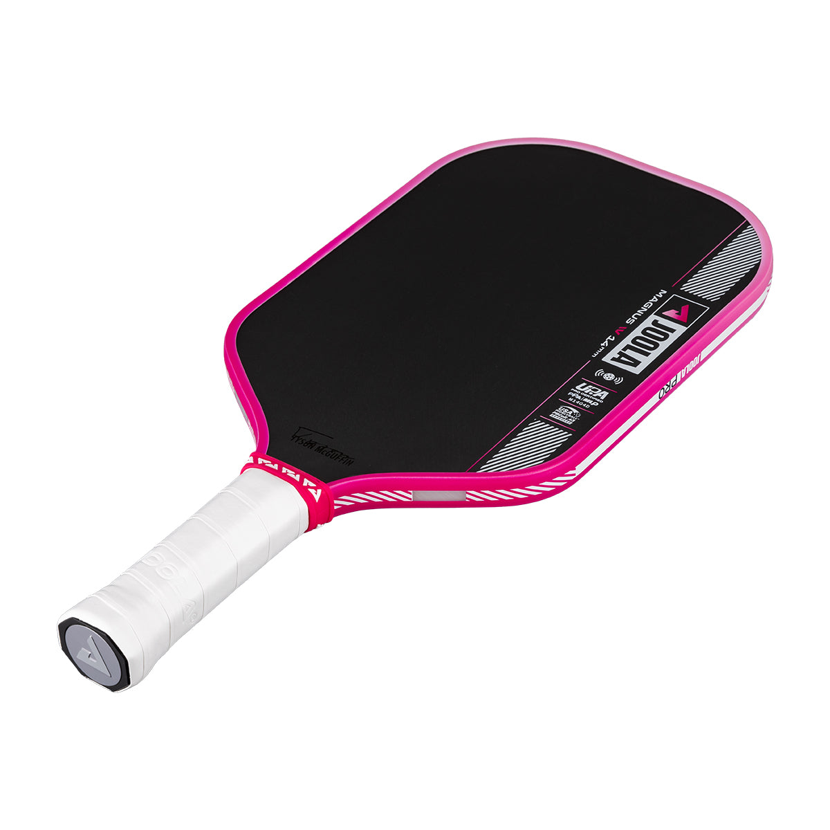Pink and white pickleball paddle on a white background