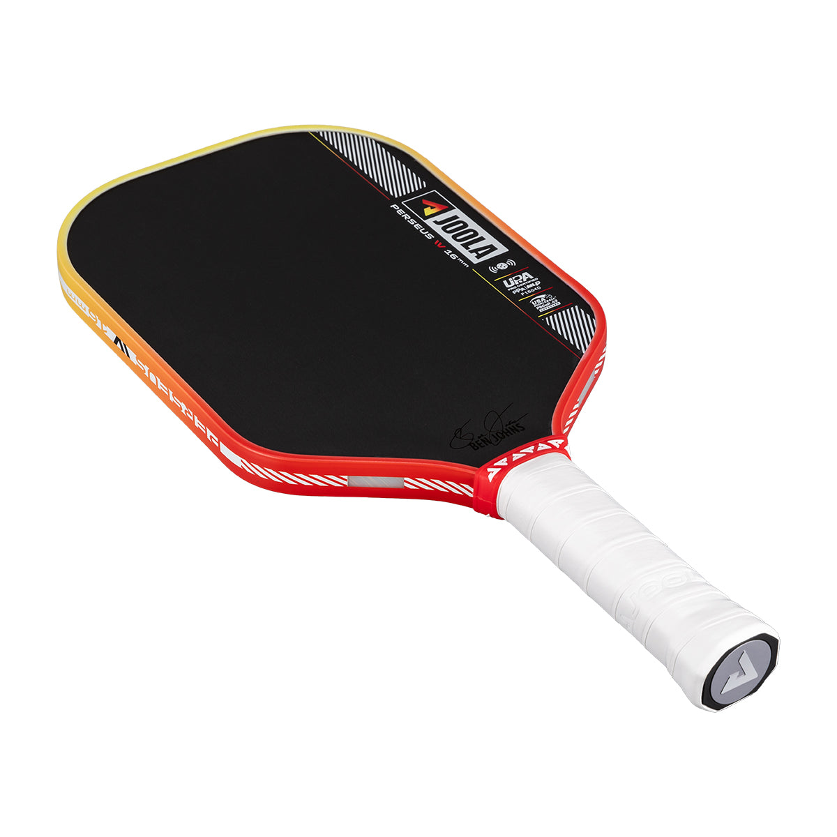 Pickleball paddle with black surface, red frame, and white handle on a white background