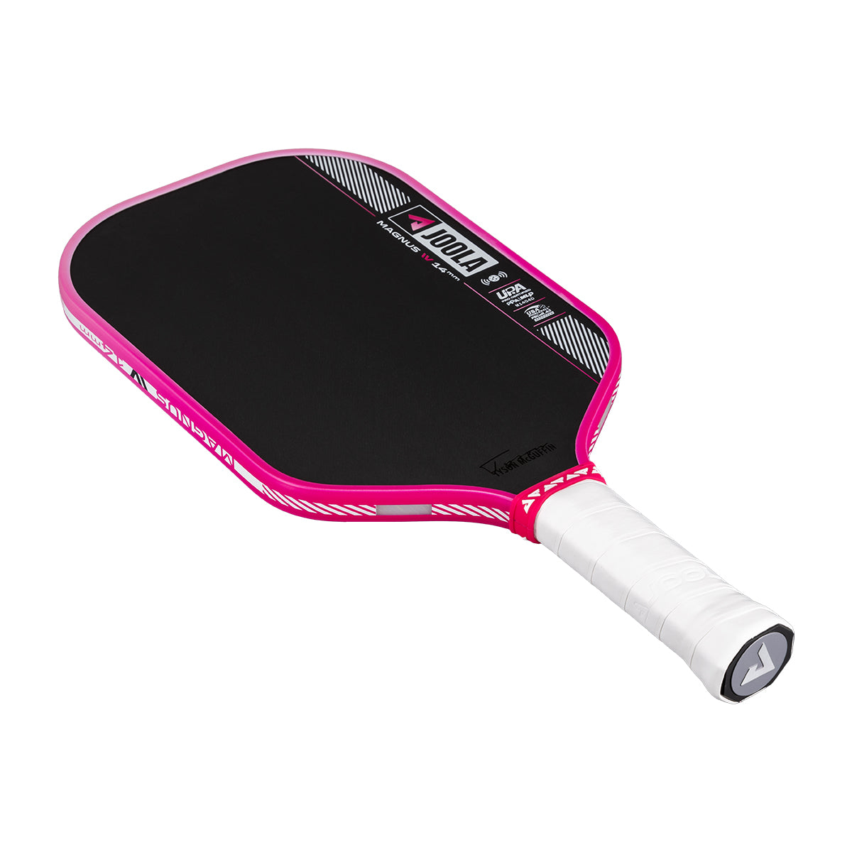 Pink and black pickleball paddle on a white background