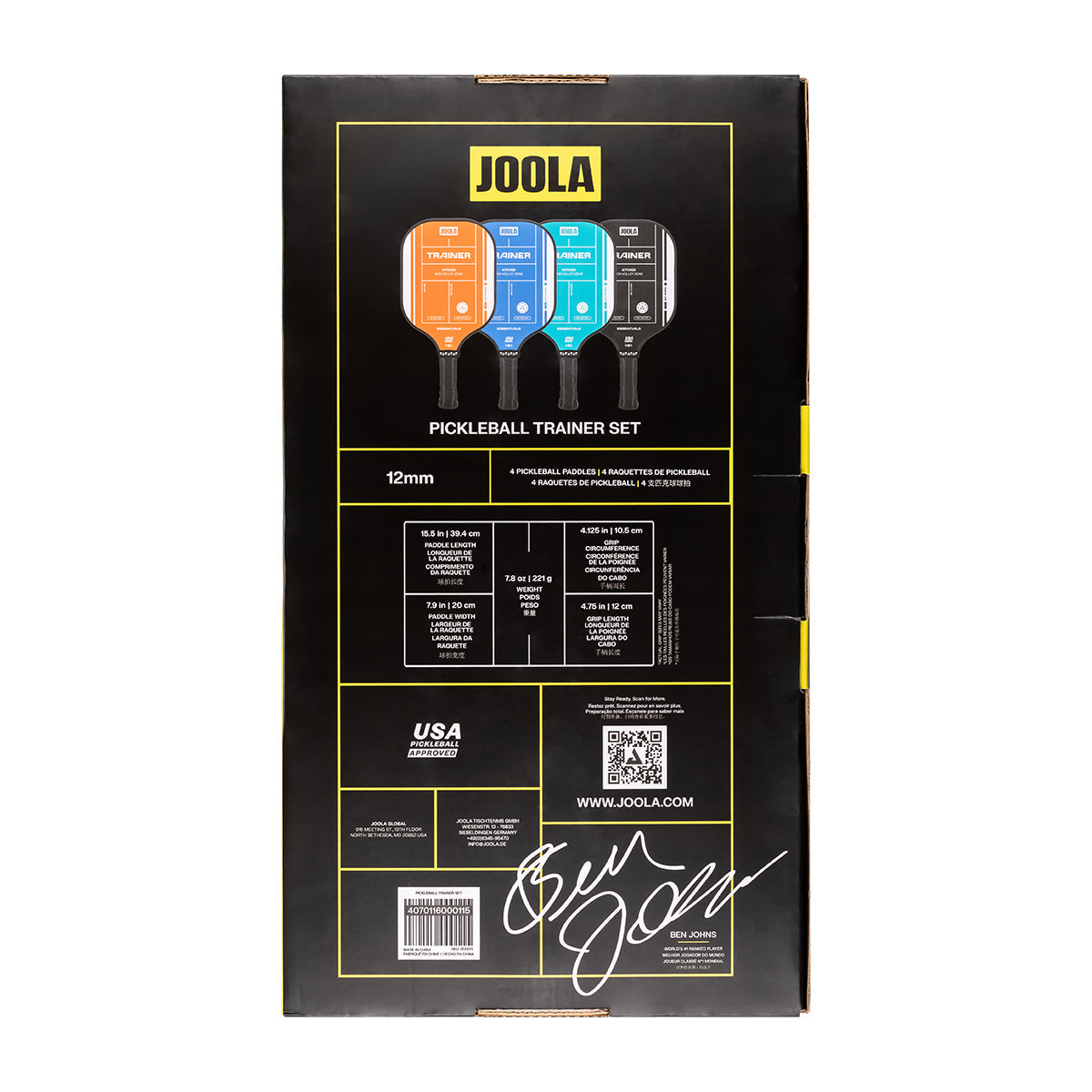 White background, image showing the product specs on the JOOLA Pickleball Padddle Trainer Set.