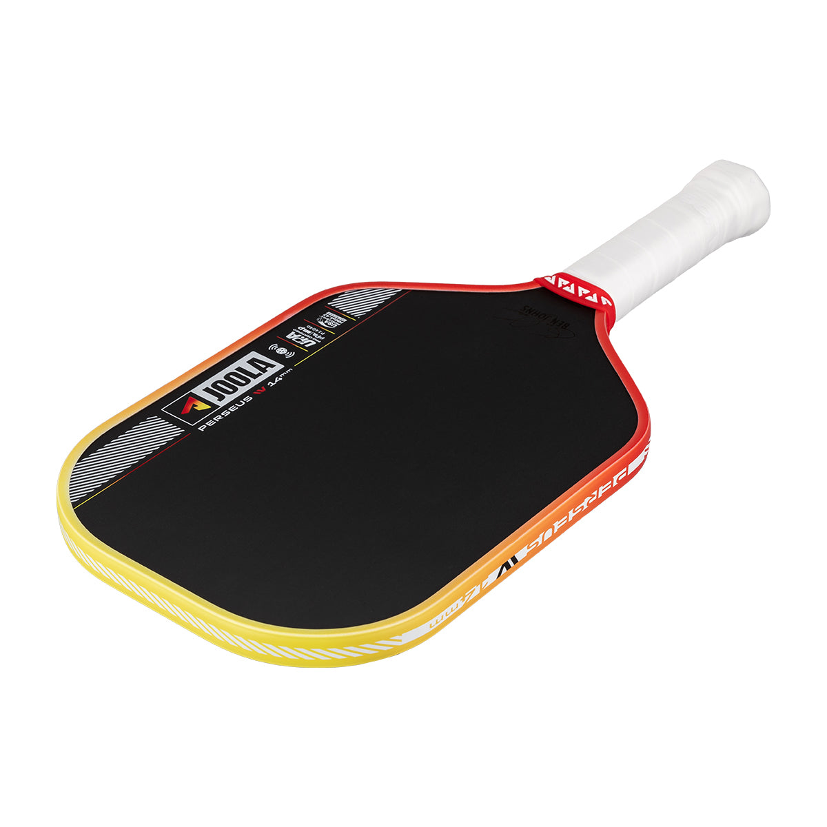 Pickleball paddle with black surface, red border, and white handle on a white background