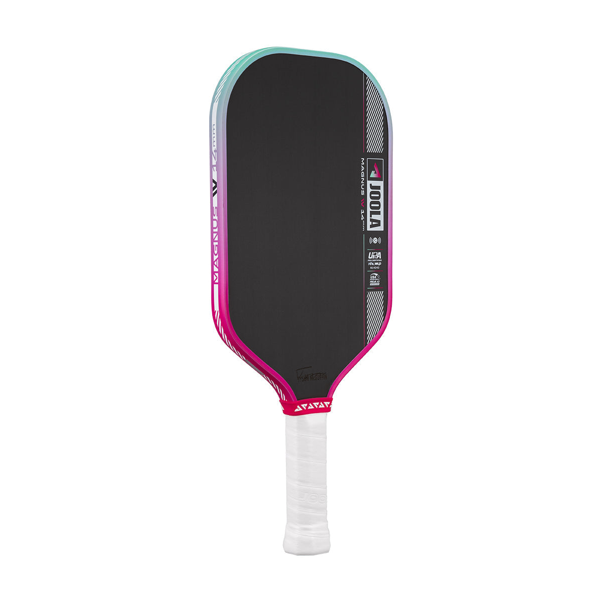 Pickleball paddle with black surface, pink and white handle, and brand logo on a white background.