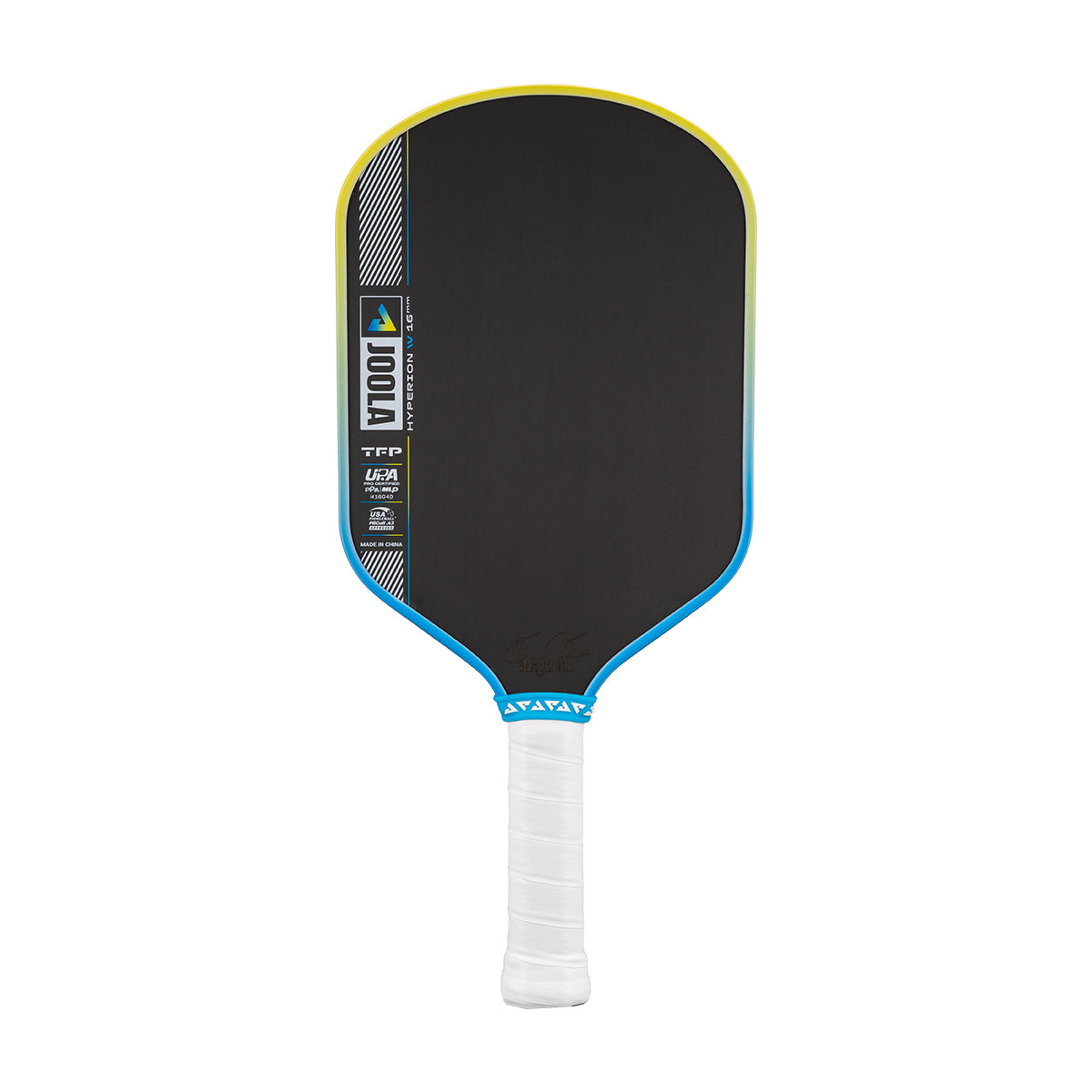 Pickleball paddle with black face, blue rim, and white handle on a white background.