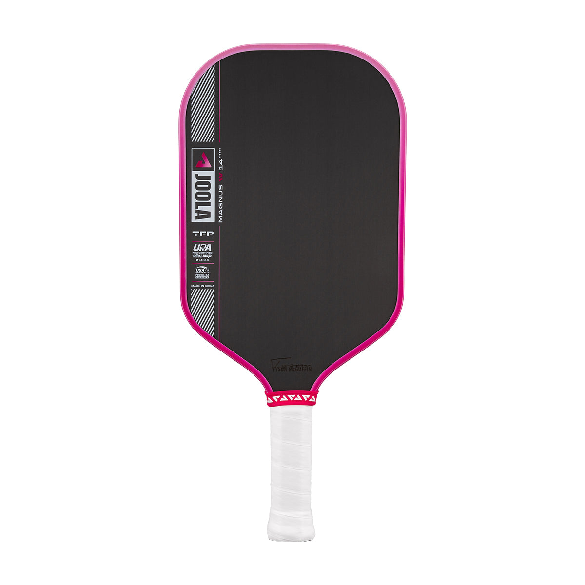 Pickleball paddle with black surface, pink rim, and white handle on a white background
