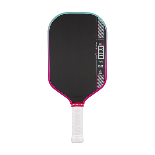 Pickleball paddle with black face, pink edges, and white handle on a white background.