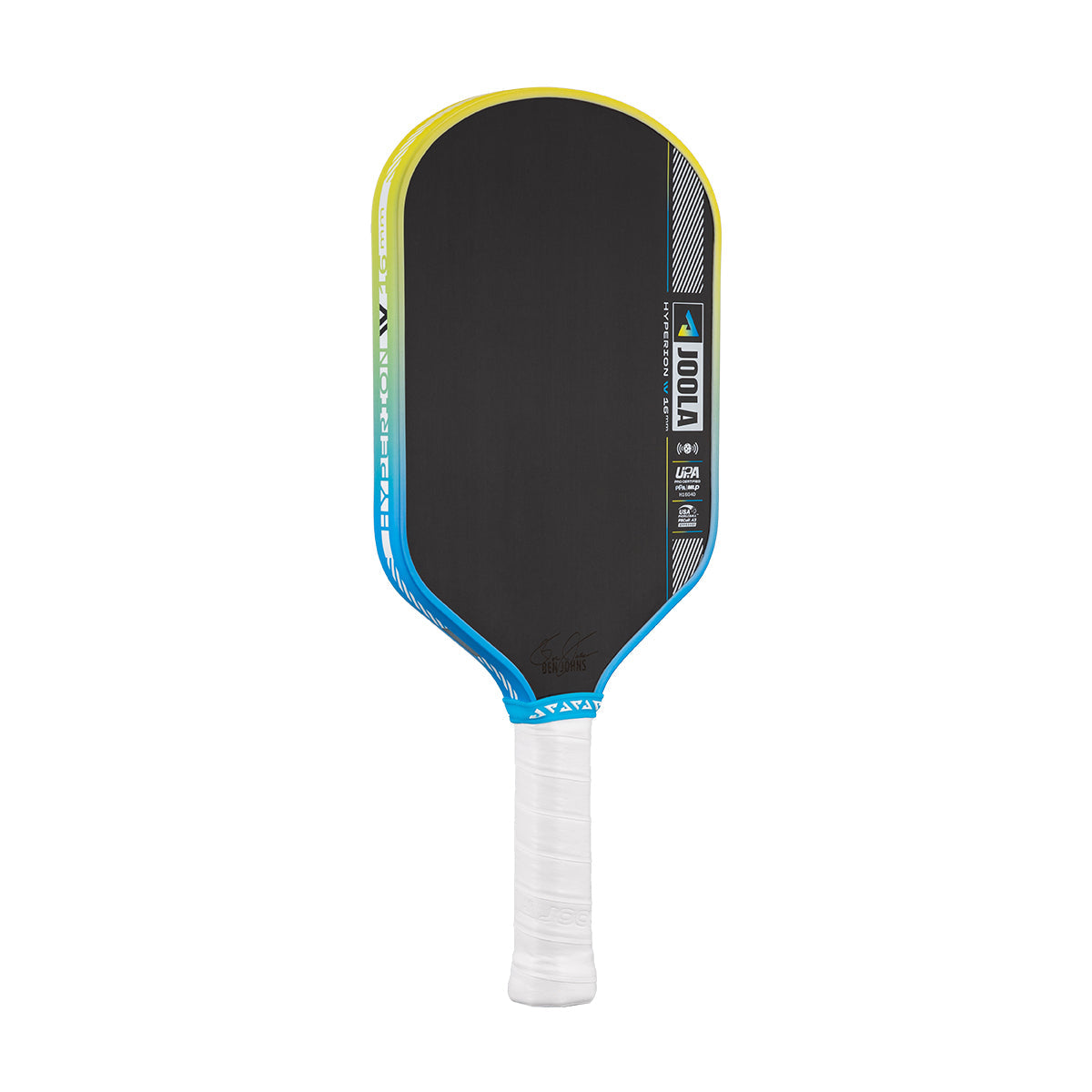 Pickleball paddle with black surface, blue and yellow edges, and white handle on a white background.