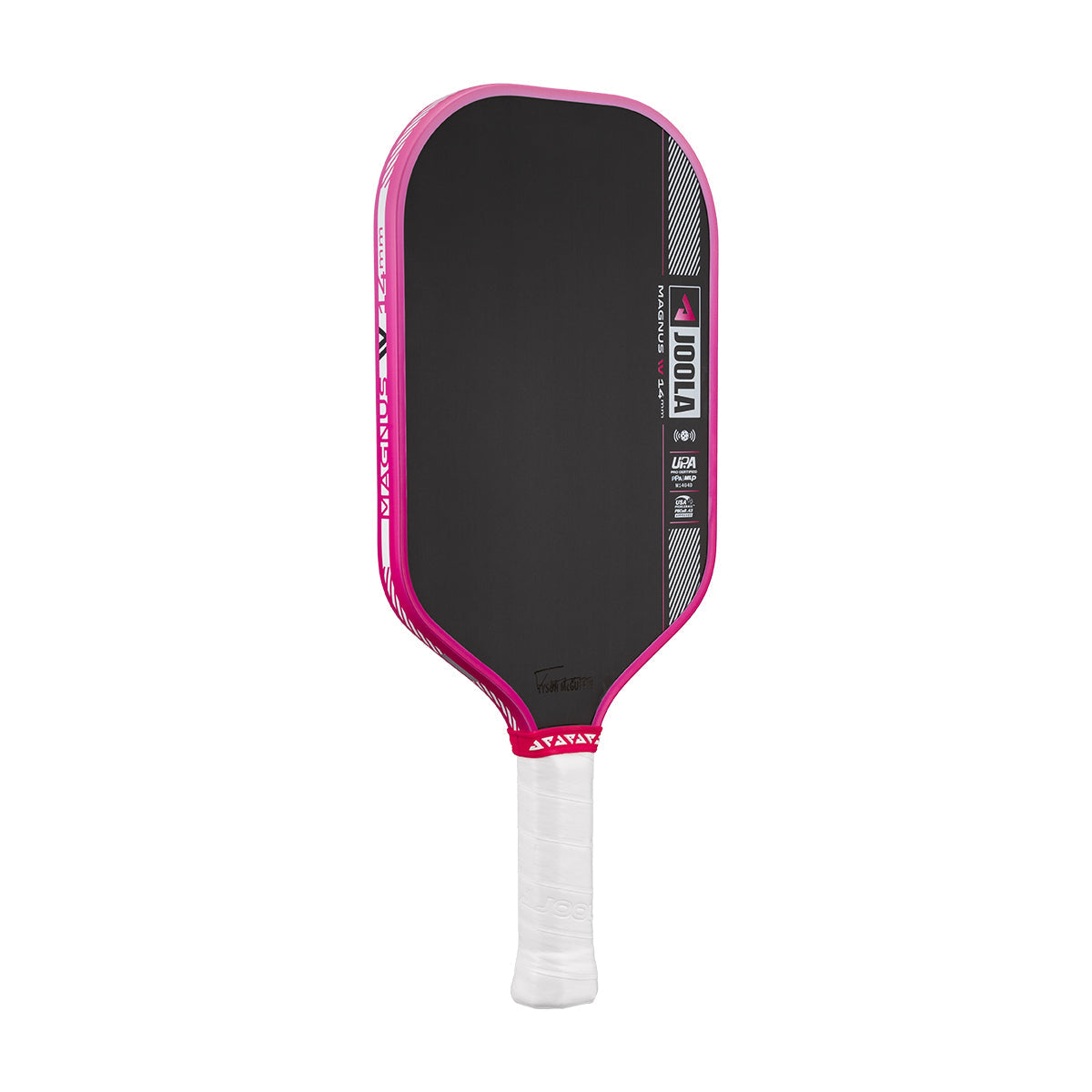Pickleball paddle with pink frame and white handle on a white background