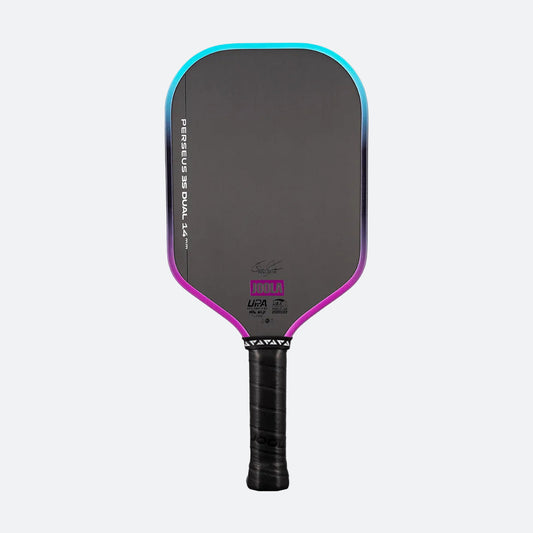 White background, image of a JOOLA Perseus 3S Dual pickleball paddle with a purple and blue dual gradiant edge guard.