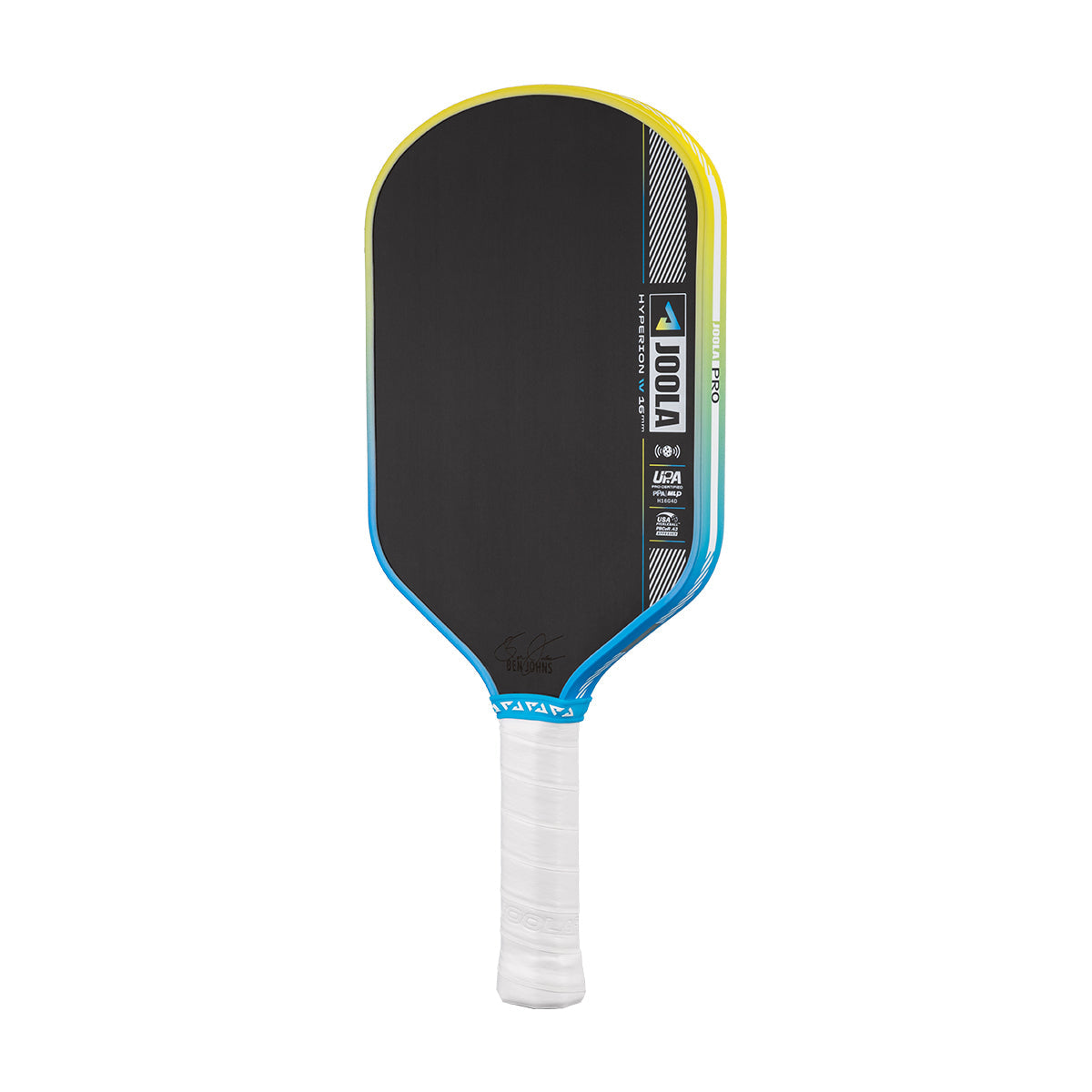 Pickleball paddle with black face, yellow rim, blue border, and white handle on a white background.