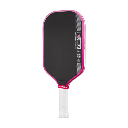 Pickleball paddle with black surface, pink rim, and white handle on a white background