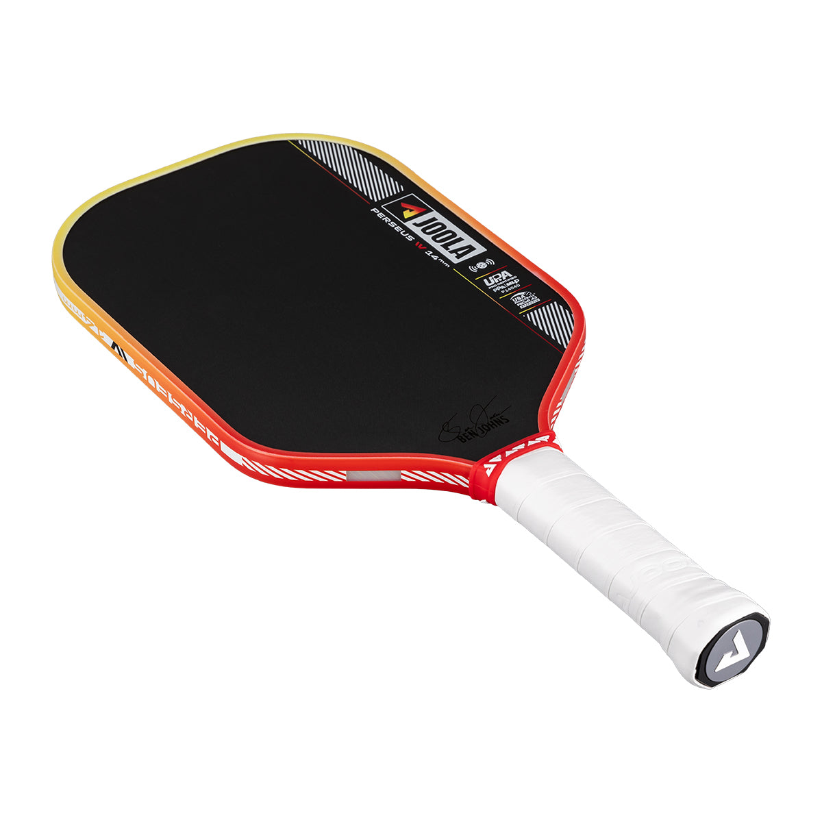 Pickleball paddle with black surface, red frame, and white handle on a white background