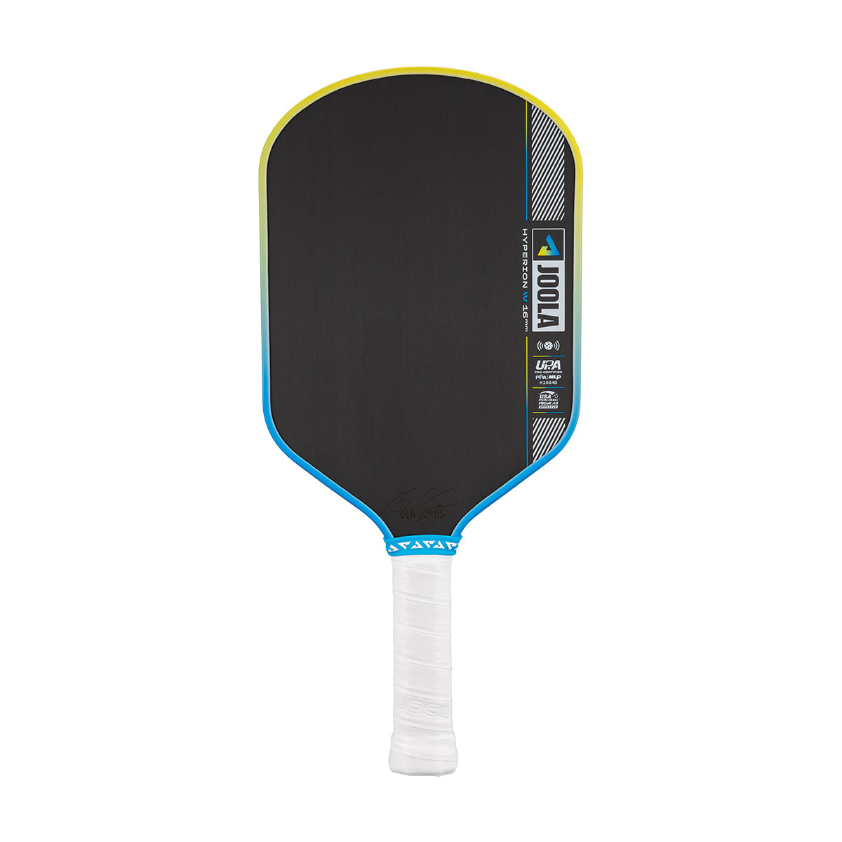 Pickleball paddle with black face, blue rim, and white handle on a white background.