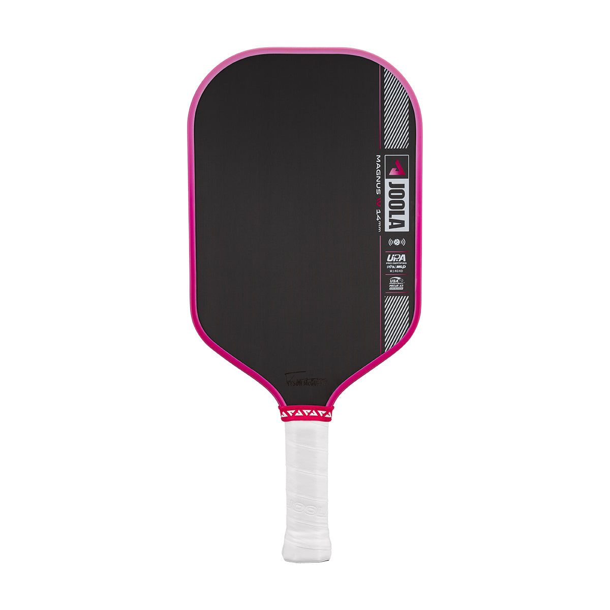 Pickleball paddle with black surface, pink rim, and white handle on a white background