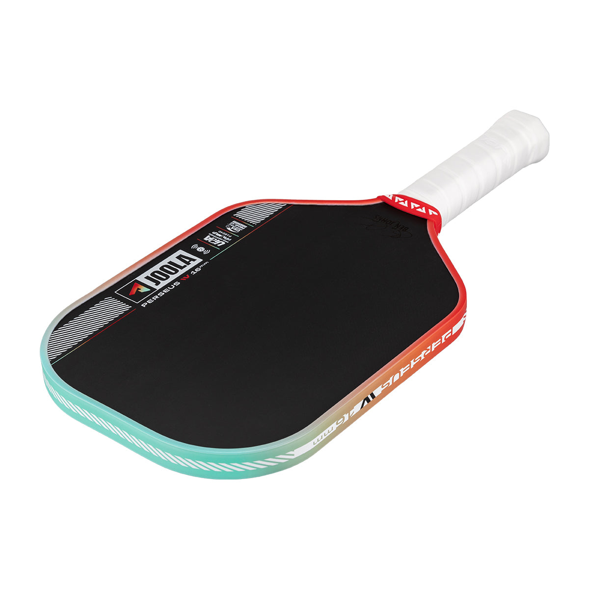 Pickleball paddle with black surface, red border, and white handle on a white background
