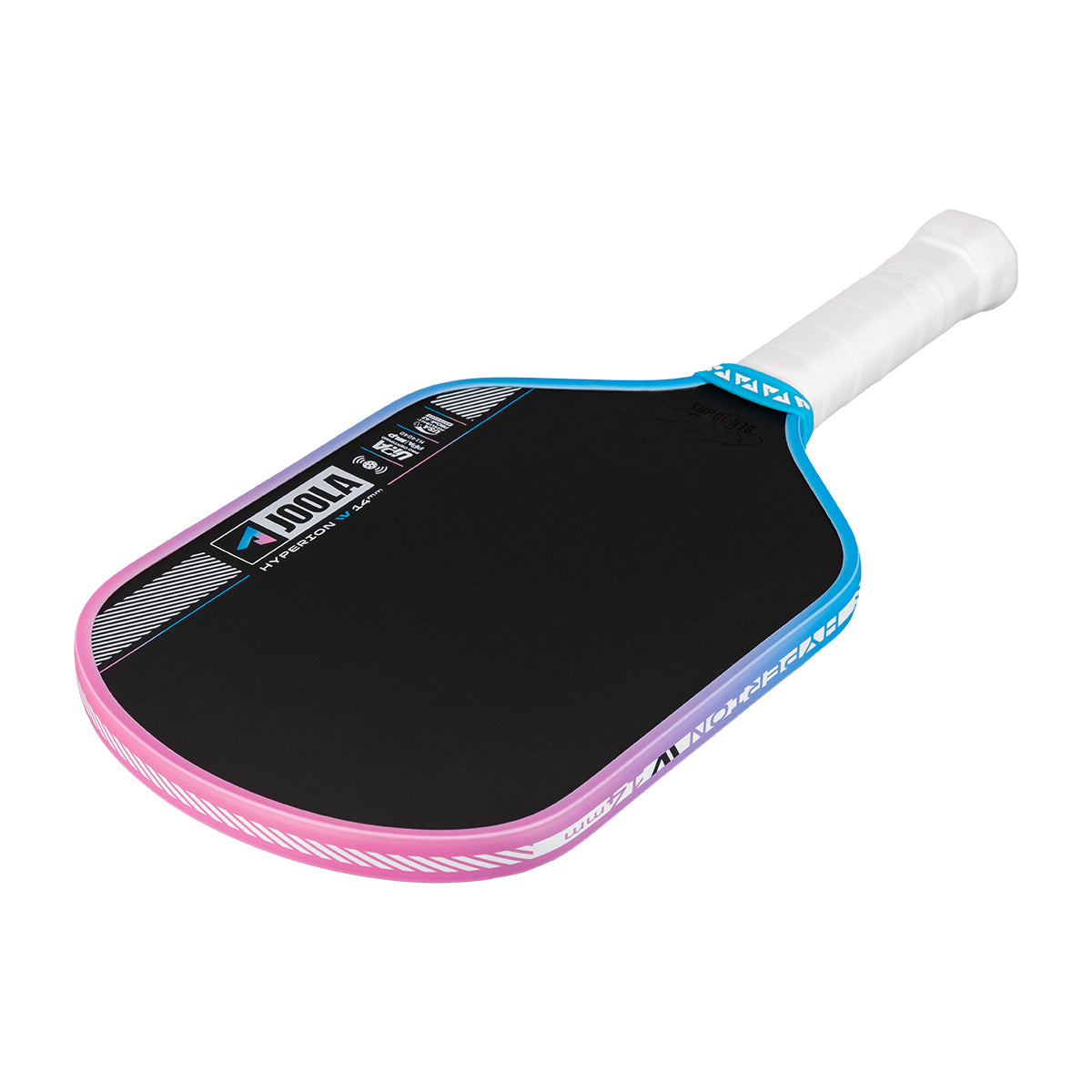 Pickleball paddle with pink and blue frame on a white background.