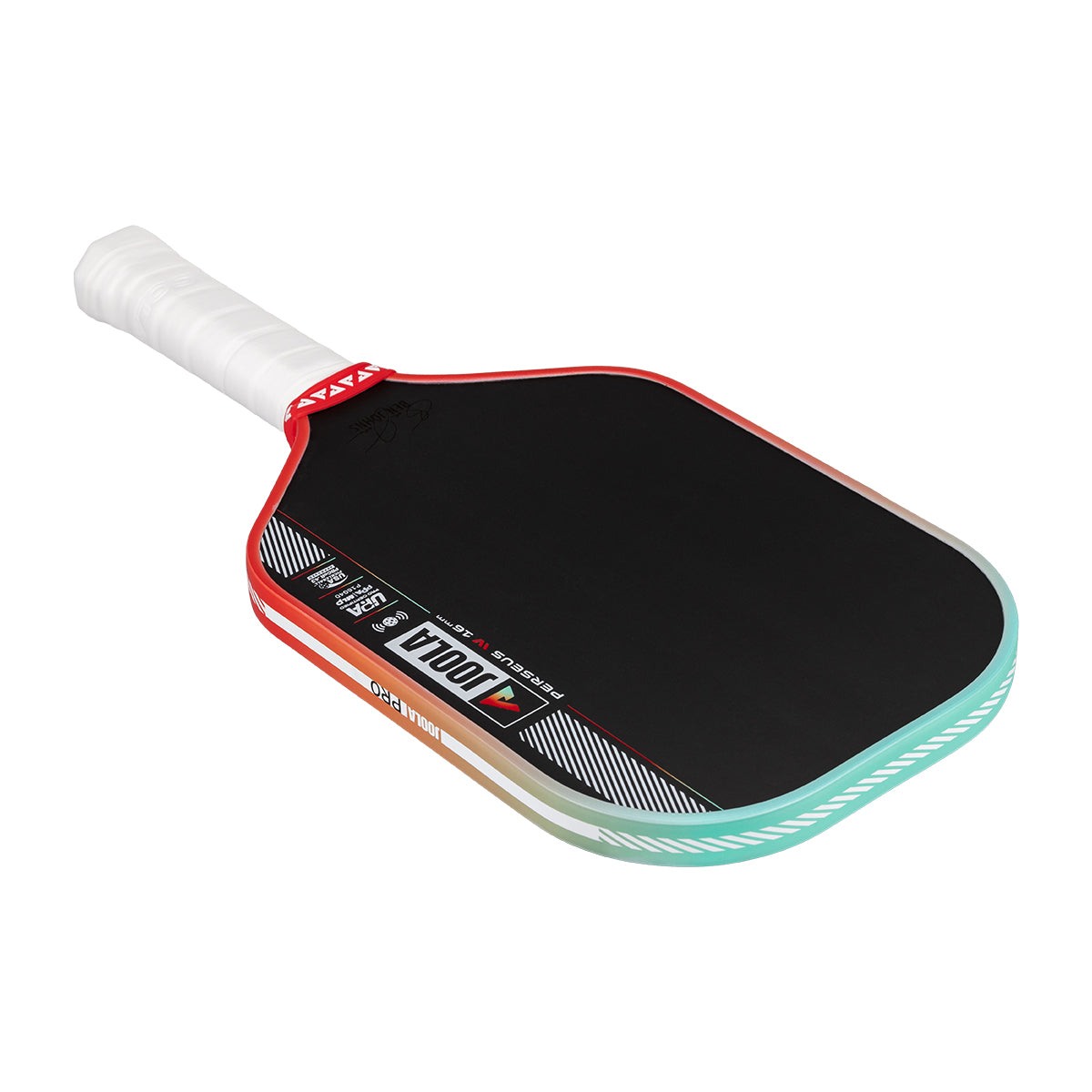 Pickleball paddle with black surface, red border, and white handle on a white background