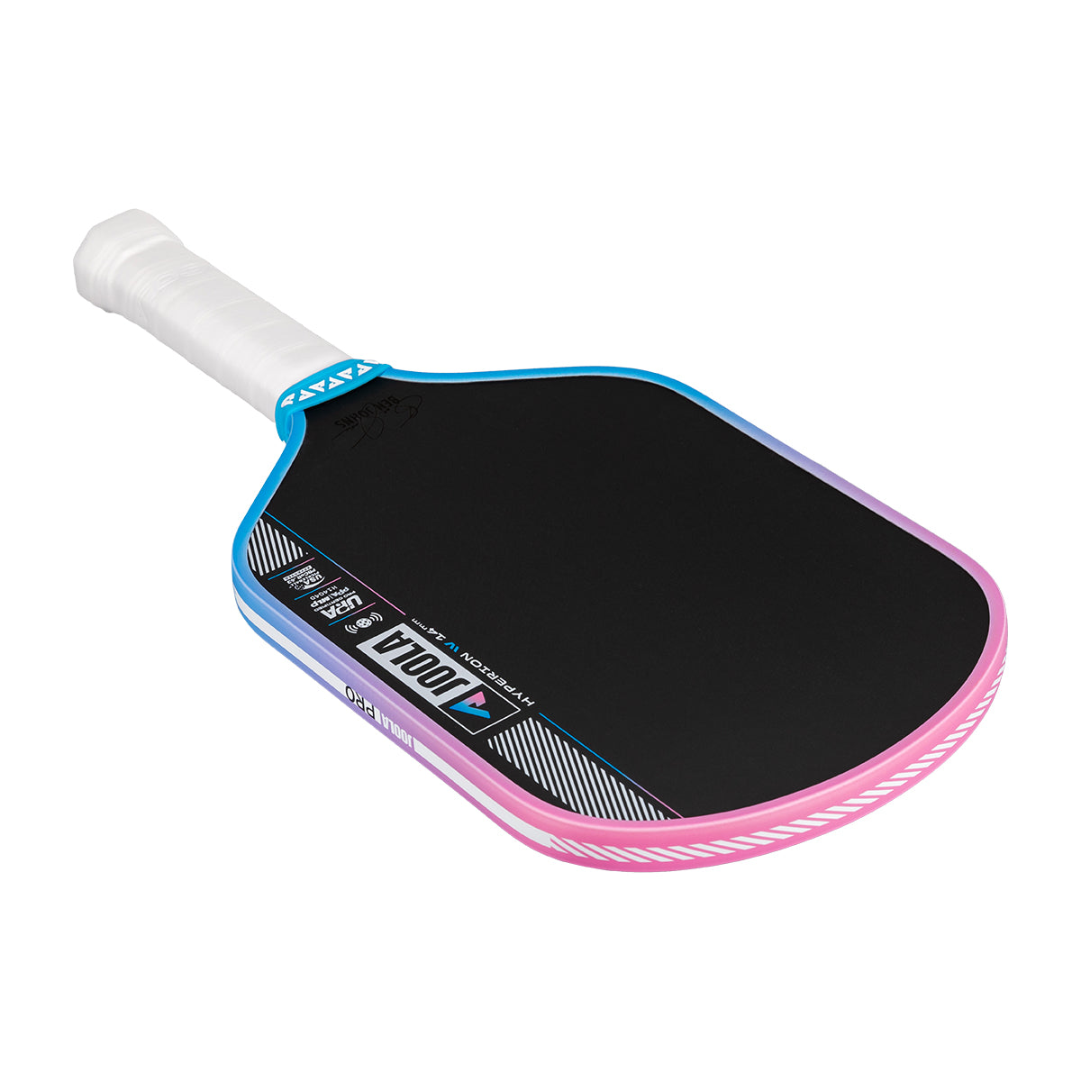 Pickleball paddle with black surface, blue border, and pink handle on a white background.