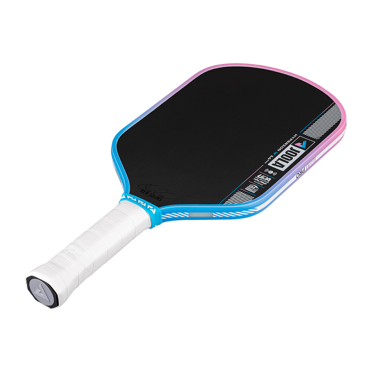 Pickleball paddle with black playing surface, pink rim, and blue frame on a white background.
