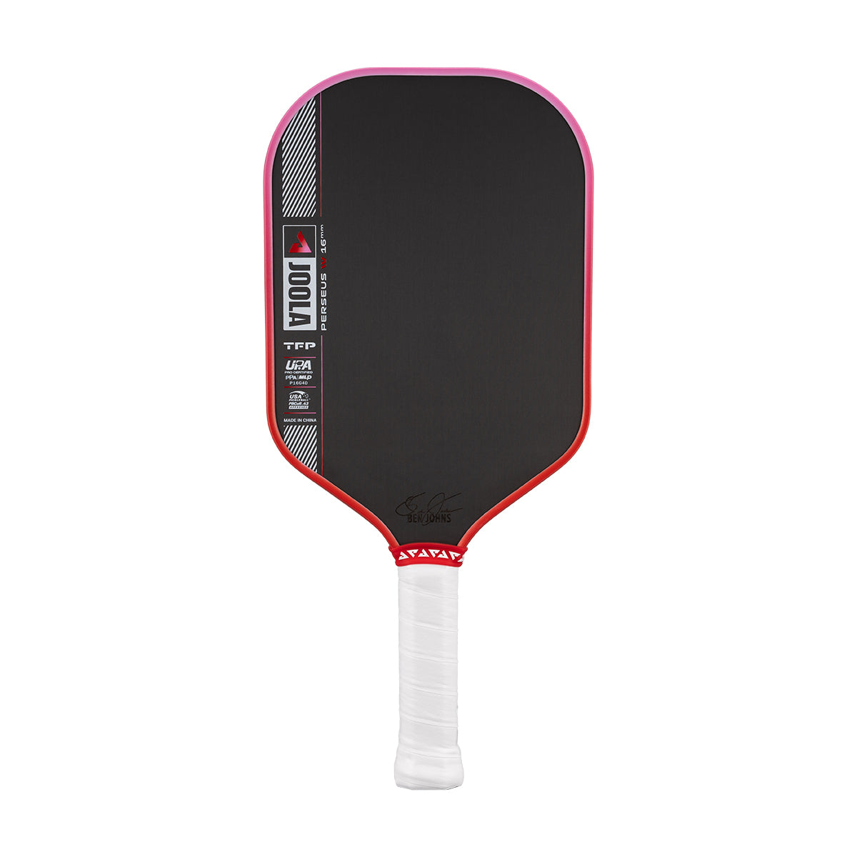 Pickleball paddle with black surface, red border, and white handle on a white background