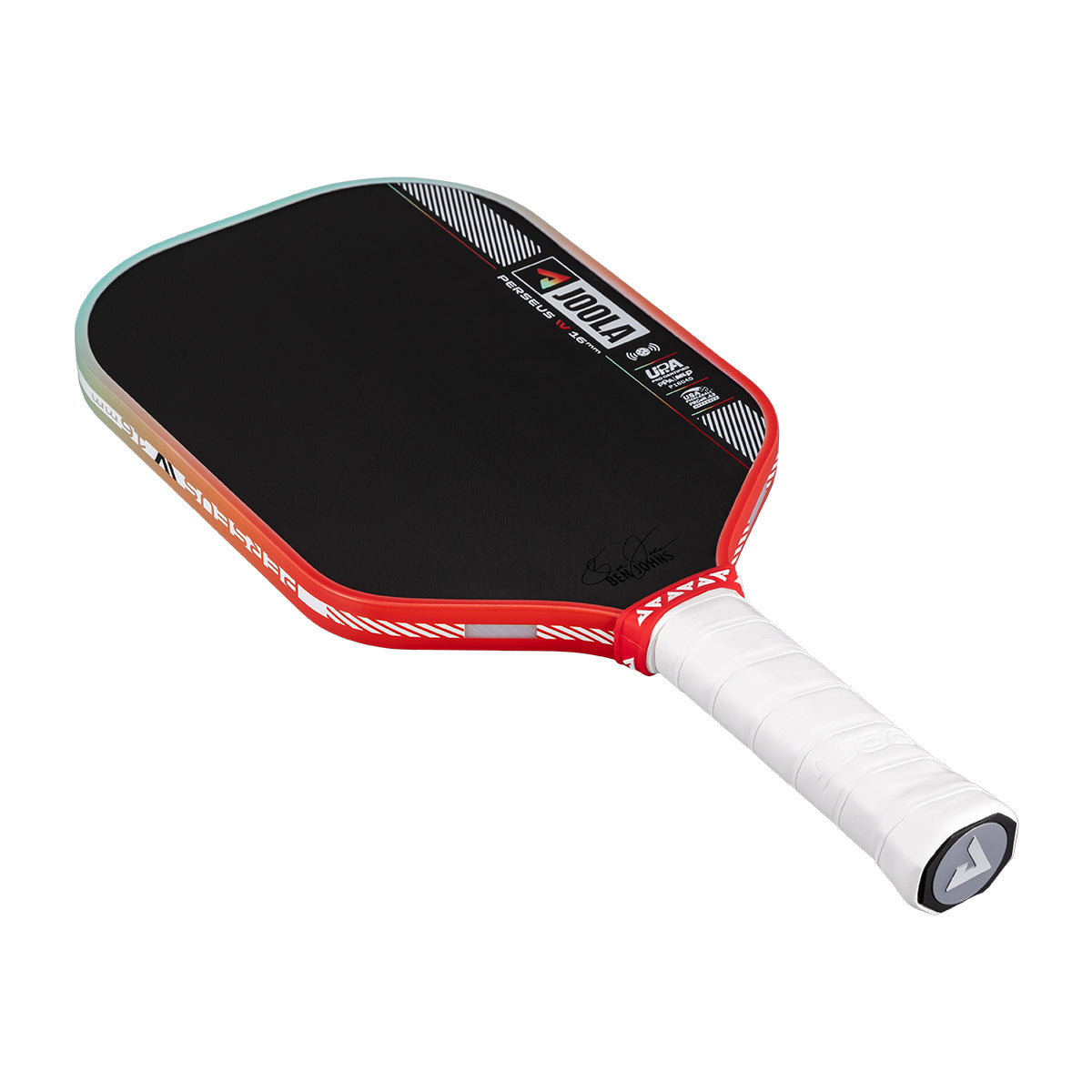 Pickleball paddle with red and white design on a white background