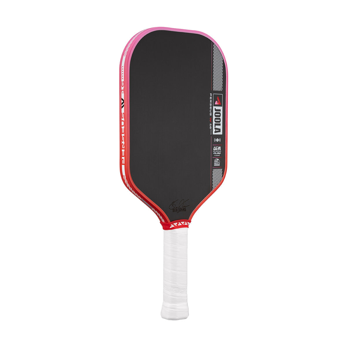 Pickleball paddle with black surface, red edges, and white handle on a white background