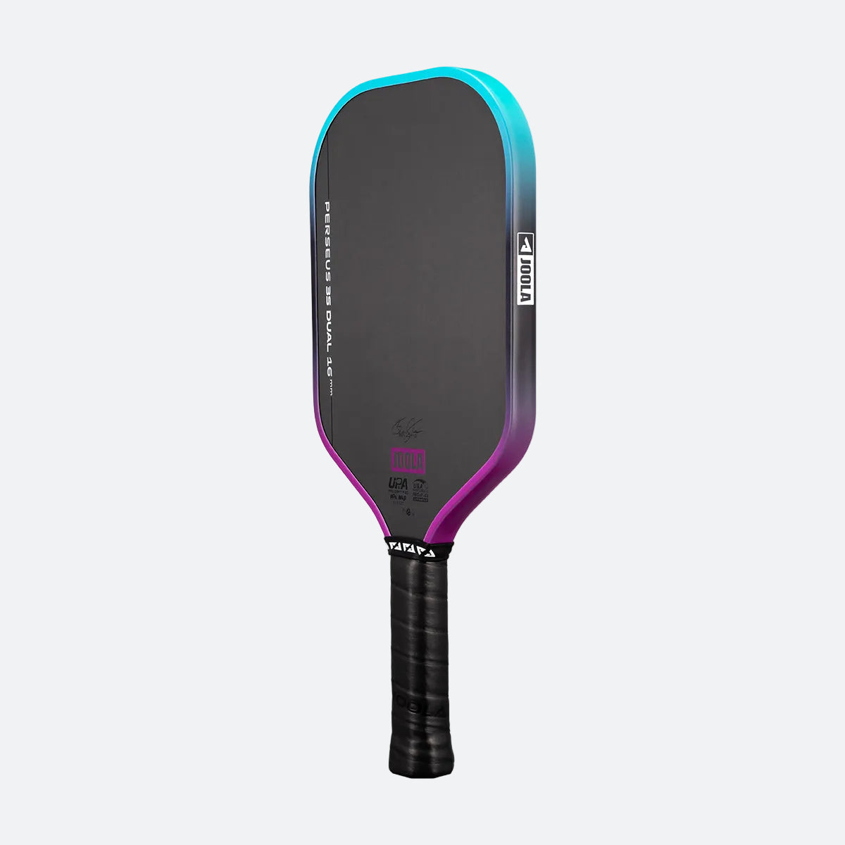 White background, image of a JOOLA Perseus 3S Dual pickleball paddle with a purple and blue dual gradiant edge guard.