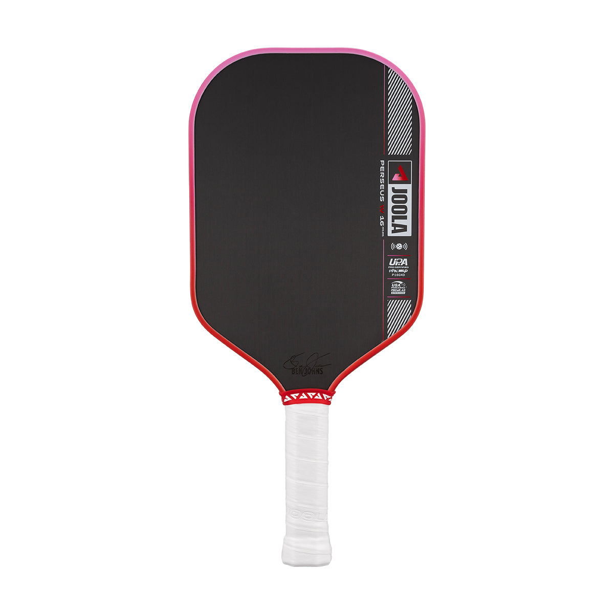 Pickleball paddle with black face, red rim, and white handle on a white background