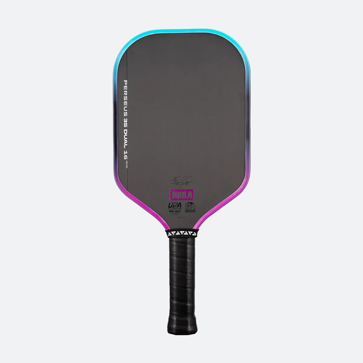 White background, image of a JOOLA Perseus 3S Dual pickleball paddle with a purple and blue dual gradiant edge guard.