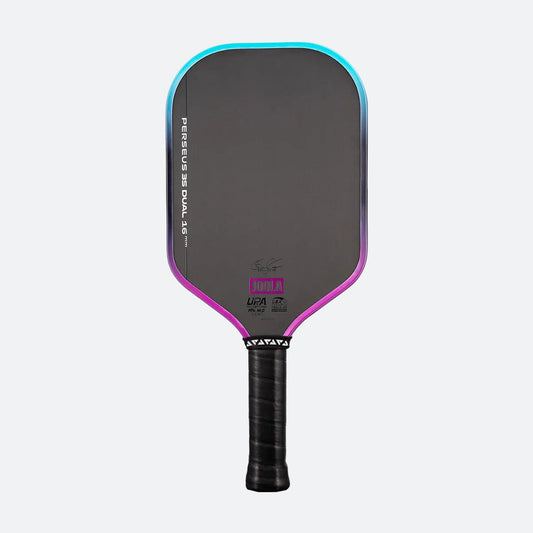 White background, image of a JOOLA Perseus 3S Dual pickleball paddle with a purple and blue dual gradiant edge guard.