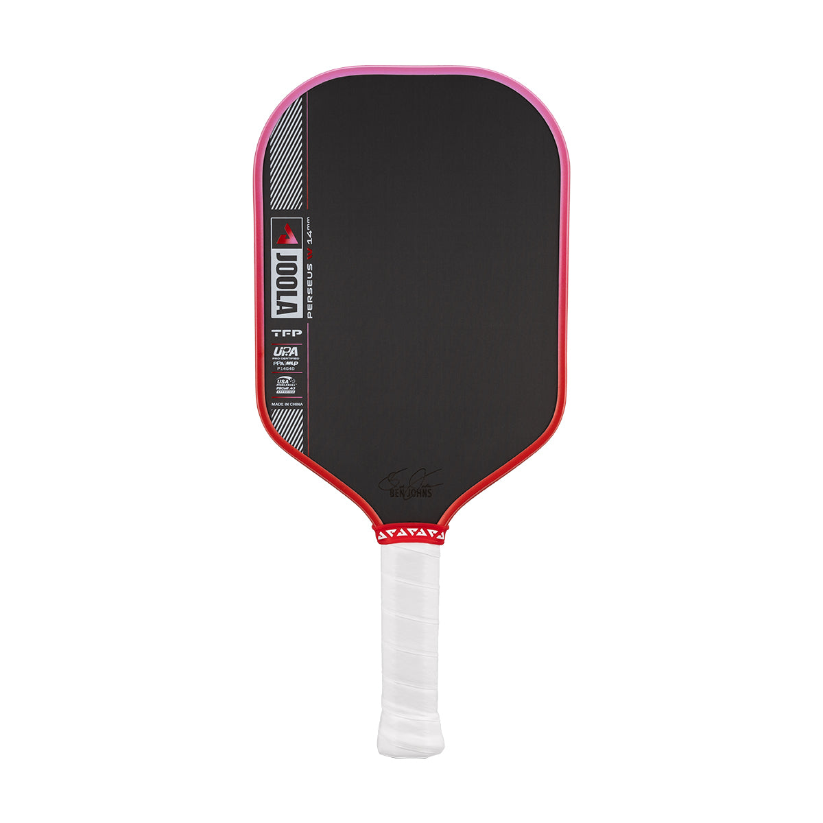 Pickleball paddle with black surface, red border, and white handle on a white background