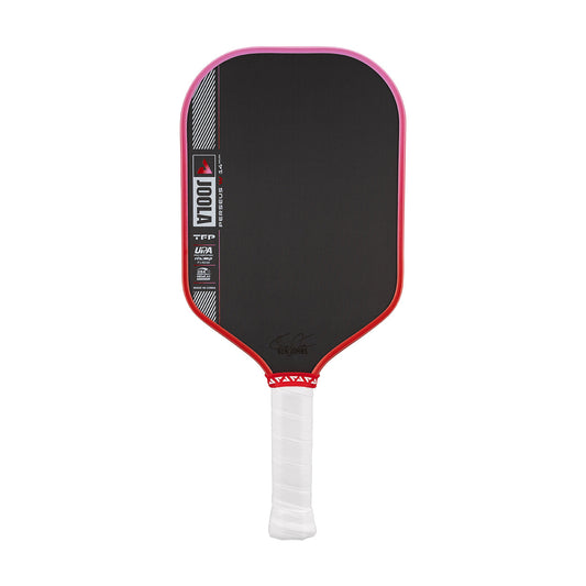Pickleball paddle with black surface, red border, and white handle on a white background