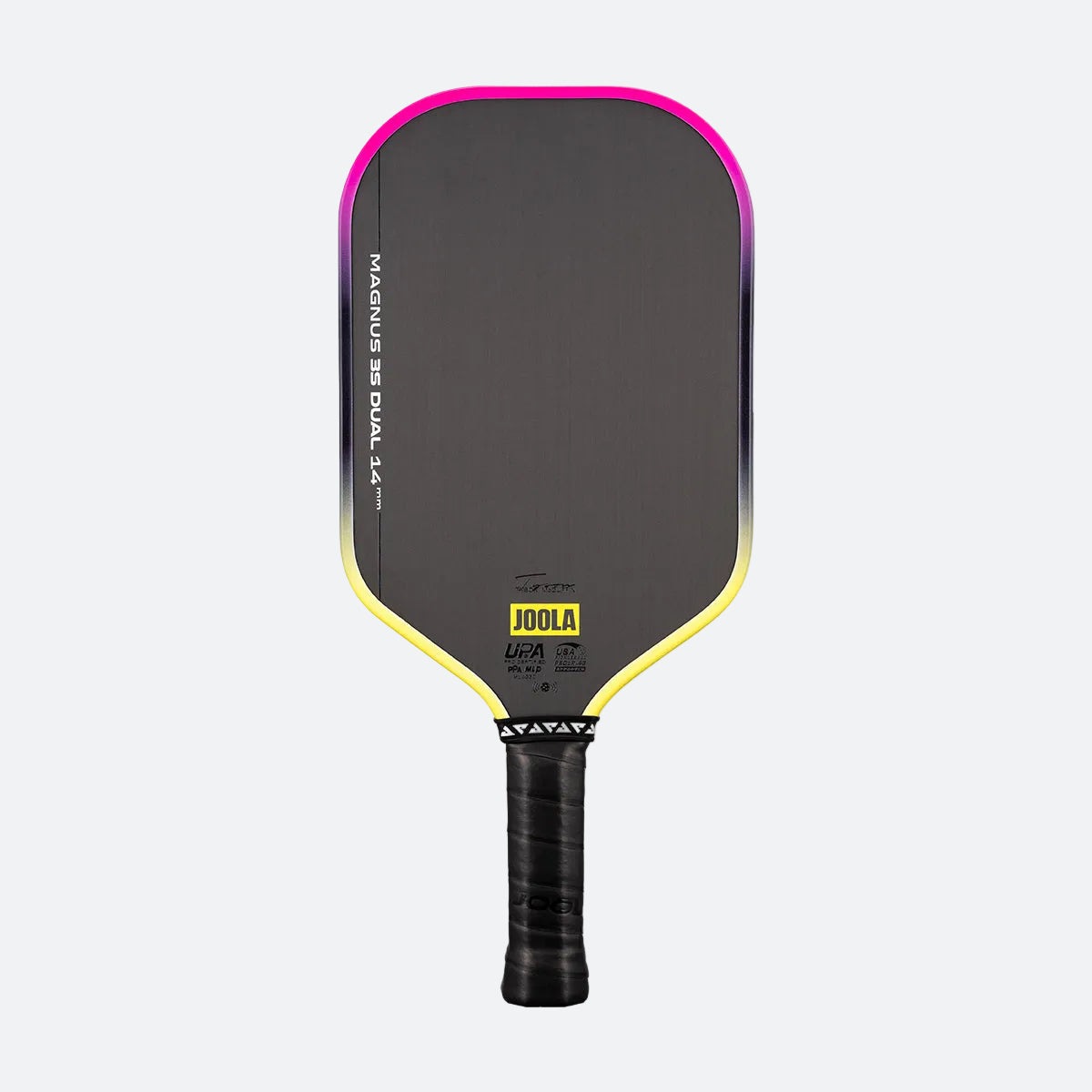 White background, Pink and Yellow gradiant edge guard on the JOOLA 3S Dual Magnus Pickleball Paddle.