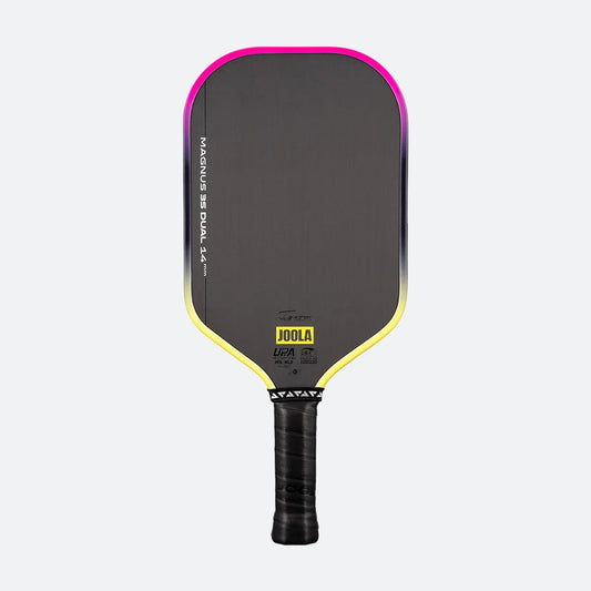 White background, Pink and Yellow gradiant edge guard on the JOOLA 3S Dual Magnus Pickleball Paddle.