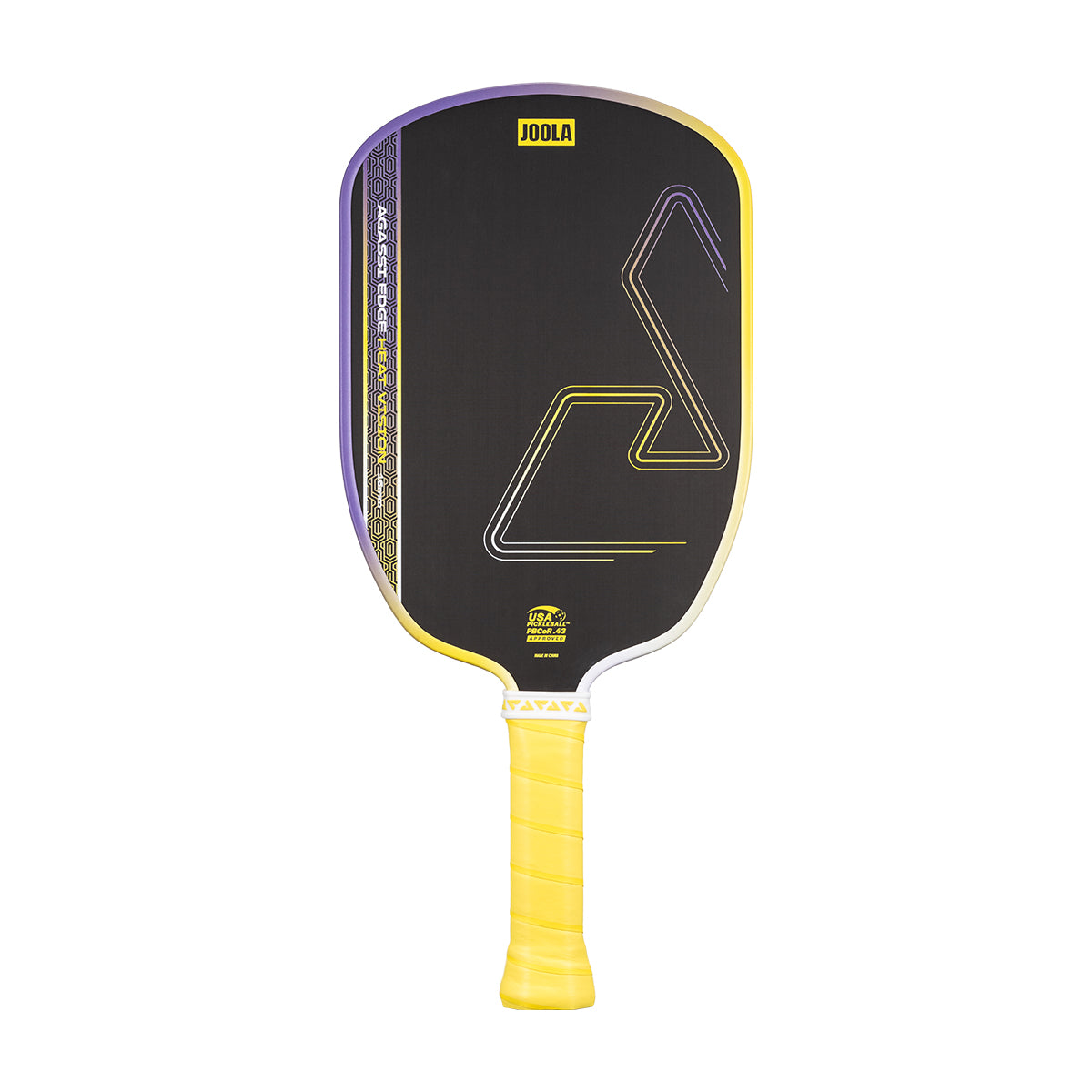 White background, product image of the JOOLA Agassi Heat vision in the yellow and purple colorway.