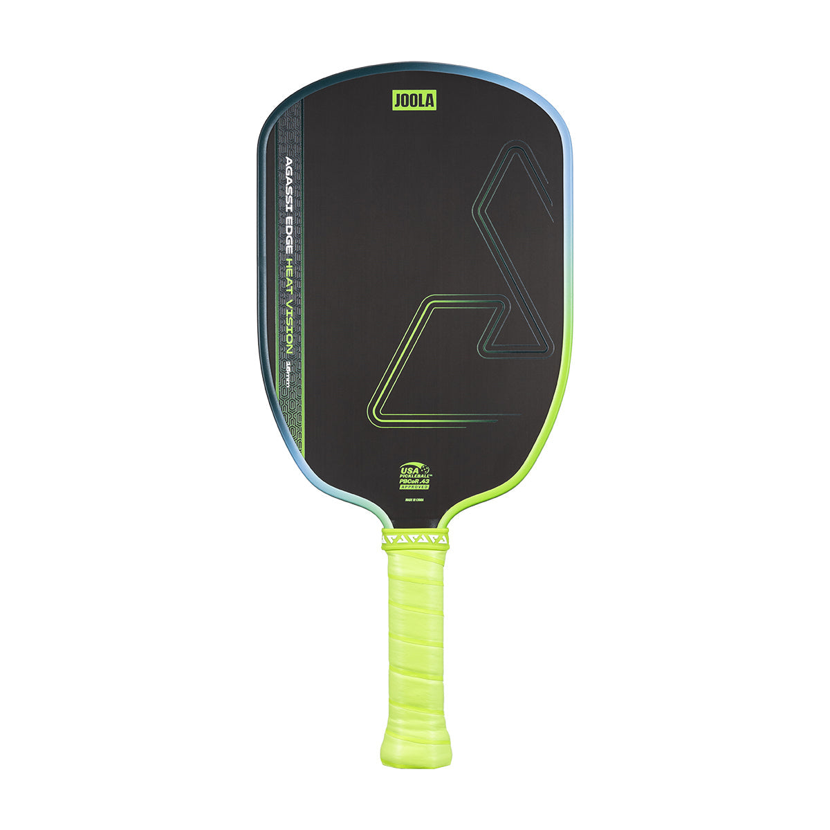 White background, product image of the green and blue JOOLA Agassi Heat Vision pickleball paddle.